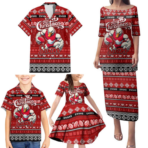 Personalized Swans Rugby Xmas Family Matching Puletasi and Hawaiian Shirt Australia AFL Mascot