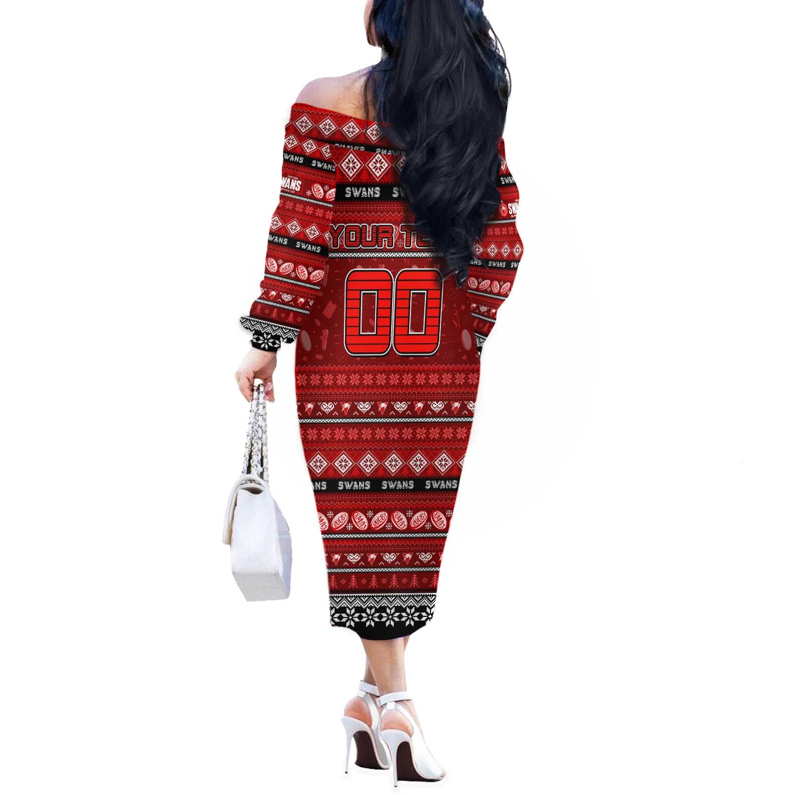 Personalized Swans Rugby Xmas Off The Shoulder Long Sleeve Dress Australia AFL Mascot