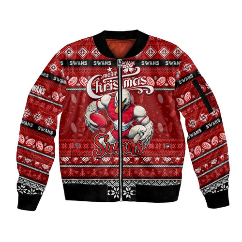 Personalized Swans Rugby Xmas Sleeve Zip Bomber Jacket Australia AFL Mascot