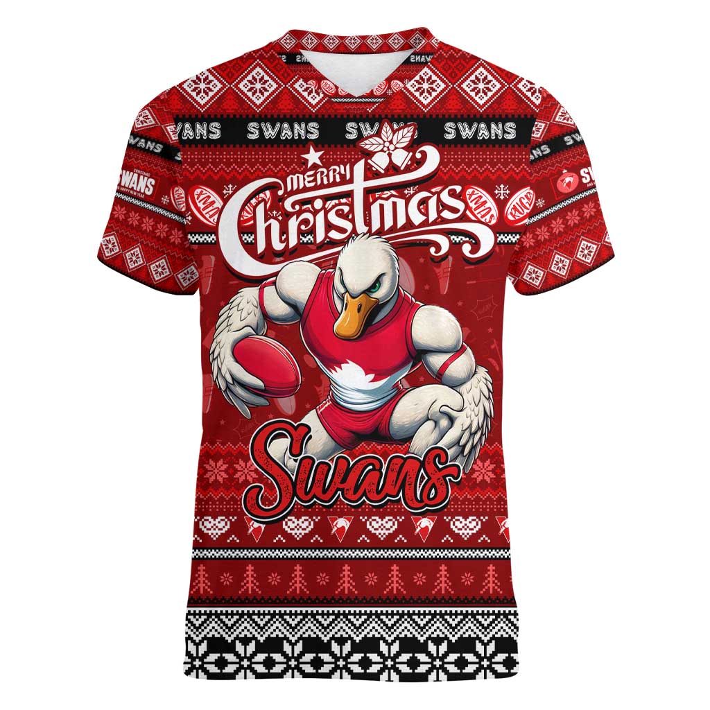 Personalized Swans Rugby Xmas Women V-Neck T-Shirt Australia AFL Mascot