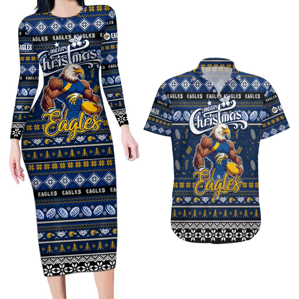 Personalized Eagles Rugby Xmas Couples Matching Long Sleeve Bodycon Dress and Hawaiian Shirt Australia AFL Mascot