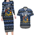 Personalized Eagles Rugby Xmas Couples Matching Long Sleeve Bodycon Dress and Hawaiian Shirt Australia AFL Mascot