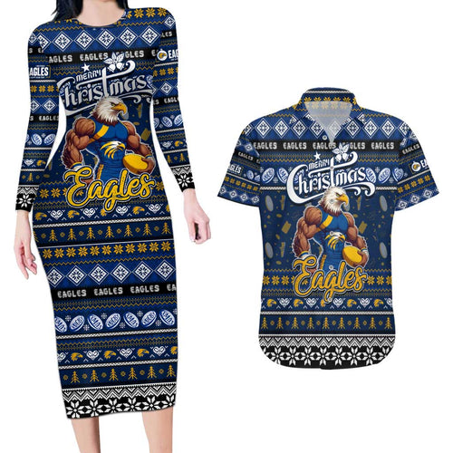 Personalized Eagles Rugby Xmas Couples Matching Long Sleeve Bodycon Dress and Hawaiian Shirt Australia AFL Mascot