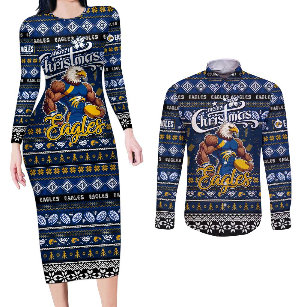 Personalized Eagles Rugby Xmas Couples Matching Long Sleeve Bodycon Dress and Long Sleeve Button Shirt Australia AFL Mascot