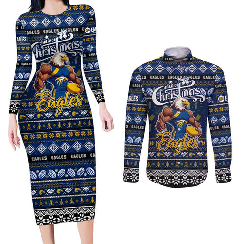 Personalized Eagles Rugby Xmas Couples Matching Long Sleeve Bodycon Dress and Long Sleeve Button Shirt Australia AFL Mascot