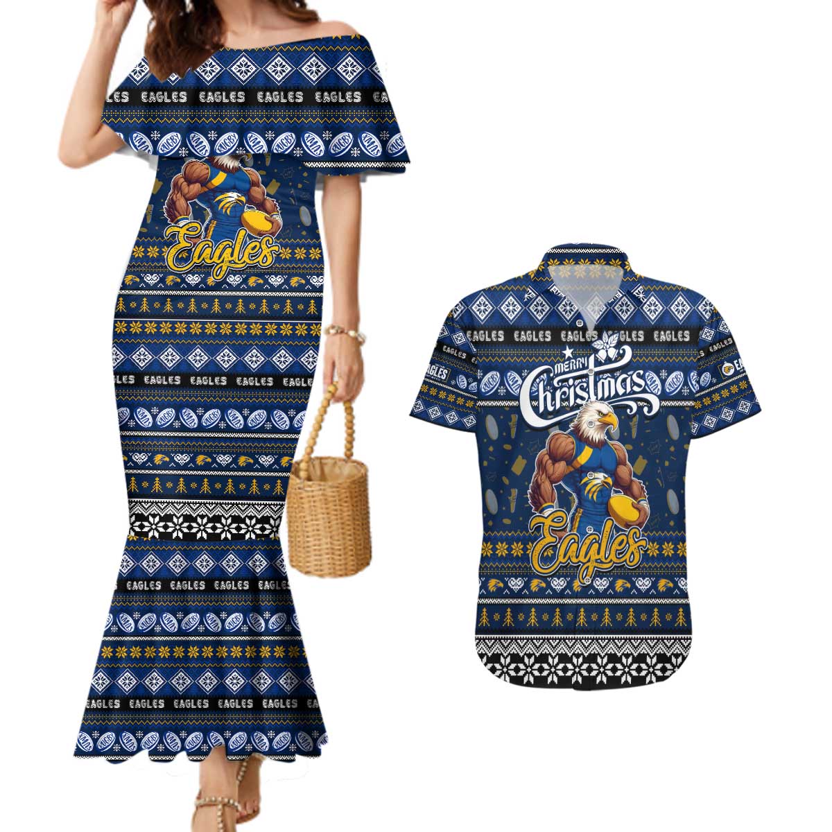 Personalized Eagles Rugby Xmas Couples Matching Mermaid Dress and Hawaiian Shirt Australia AFL Mascot