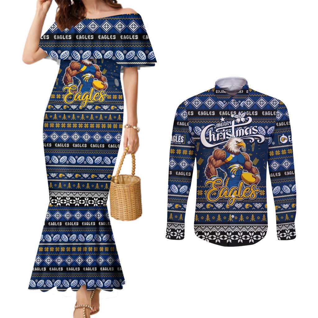 Personalized Eagles Rugby Xmas Couples Matching Mermaid Dress and Long Sleeve Button Shirt Australia AFL Mascot