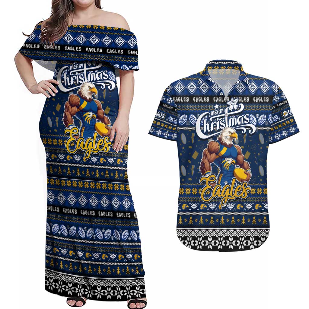 Personalized Eagles Rugby Xmas Couples Matching Off Shoulder Maxi Dress and Hawaiian Shirt Australia AFL Mascot