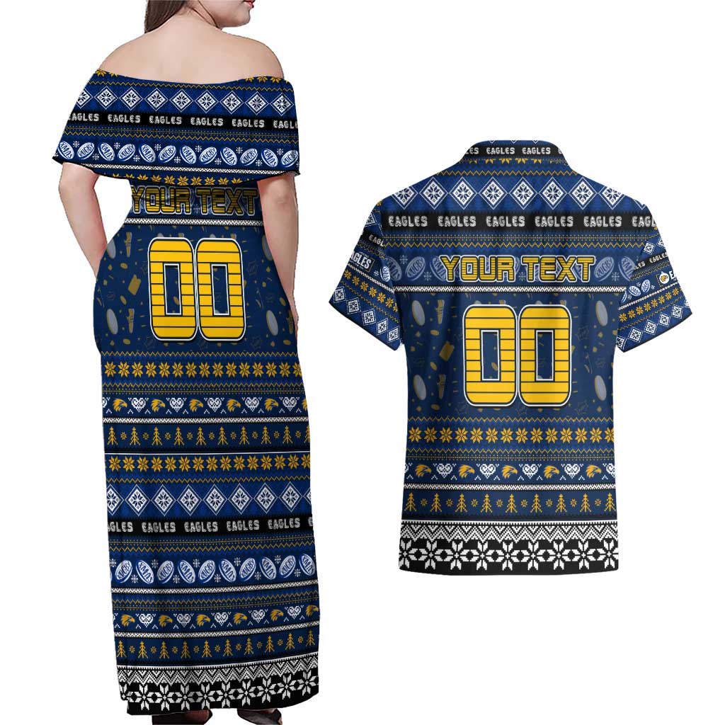 Personalized Eagles Rugby Xmas Couples Matching Off Shoulder Maxi Dress and Hawaiian Shirt Australia AFL Mascot
