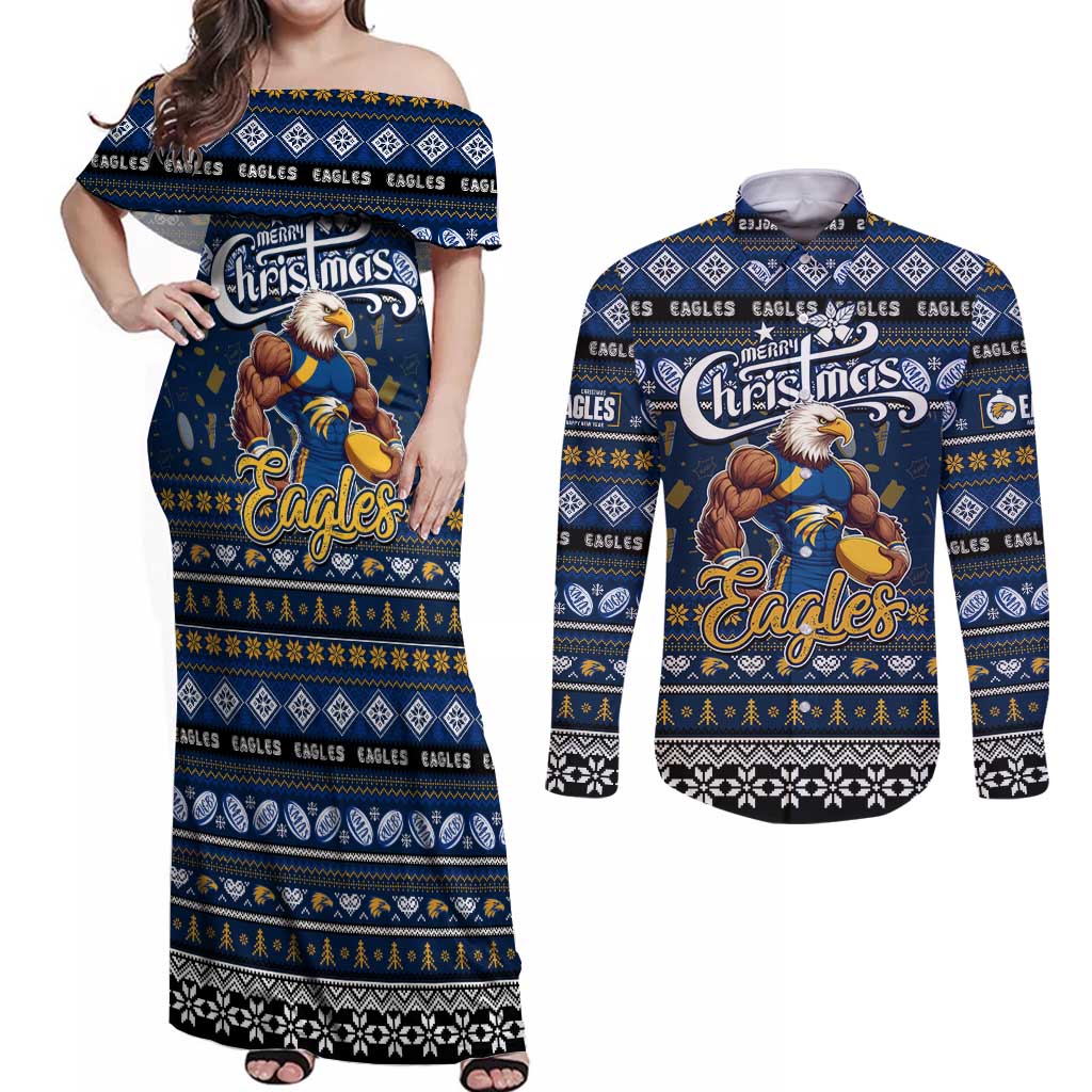 Personalized Eagles Rugby Xmas Couples Matching Off Shoulder Maxi Dress and Long Sleeve Button Shirt Australia AFL Mascot