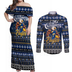 Personalized Eagles Rugby Xmas Couples Matching Off Shoulder Maxi Dress and Long Sleeve Button Shirt Australia AFL Mascot