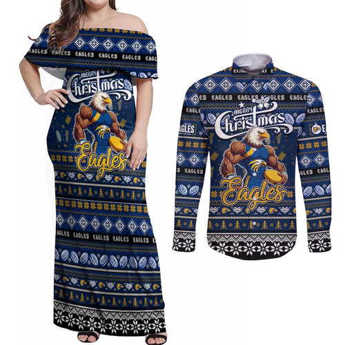 Personalized Eagles Rugby Xmas Couples Matching Off Shoulder Maxi Dress and Long Sleeve Button Shirt Australia AFL Mascot