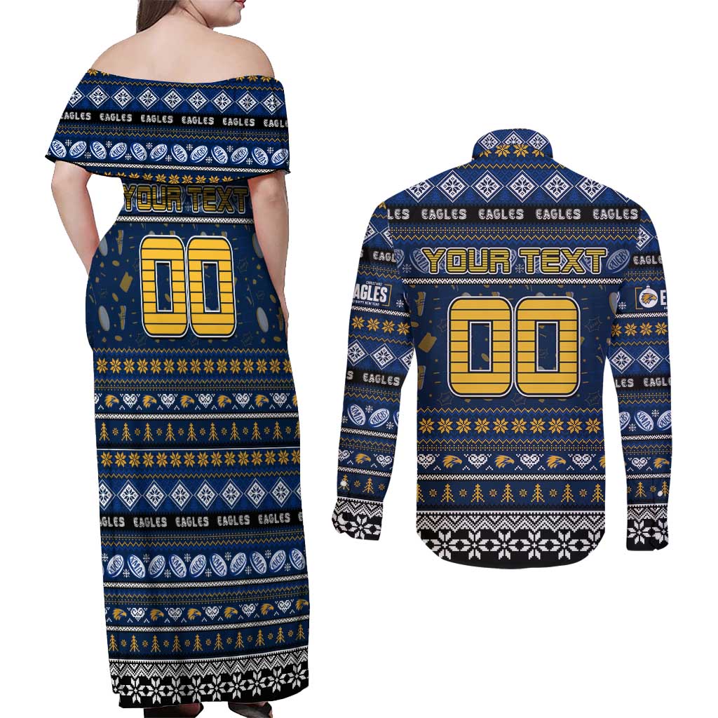 Personalized Eagles Rugby Xmas Couples Matching Off Shoulder Maxi Dress and Long Sleeve Button Shirt Australia AFL Mascot