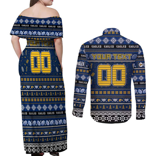 Personalized Eagles Rugby Xmas Couples Matching Off Shoulder Maxi Dress and Long Sleeve Button Shirt Australia AFL Mascot