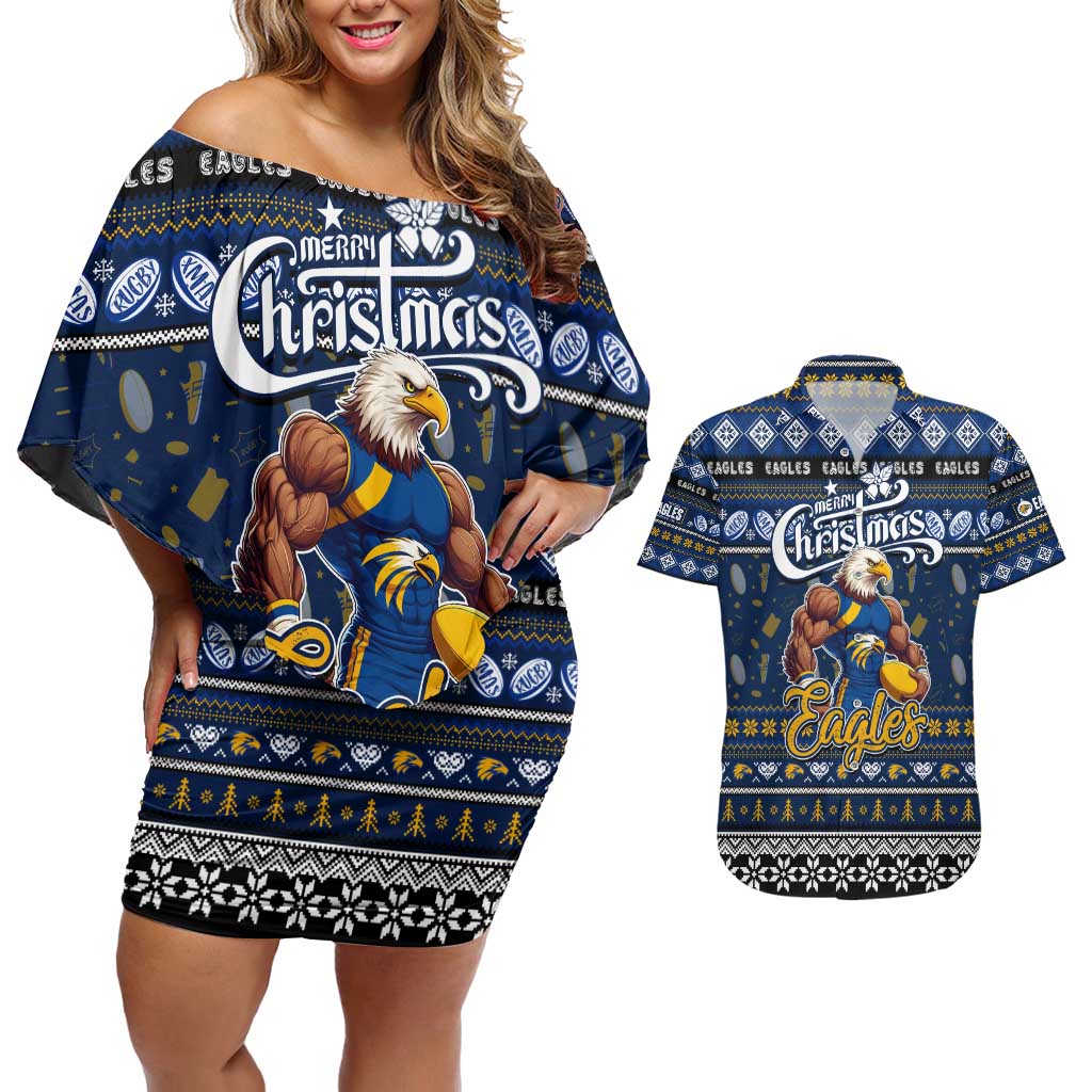 Personalized Eagles Rugby Xmas Couples Matching Off Shoulder Short Dress and Hawaiian Shirt Australia AFL Mascot