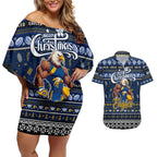 Personalized Eagles Rugby Xmas Couples Matching Off Shoulder Short Dress and Hawaiian Shirt Australia AFL Mascot