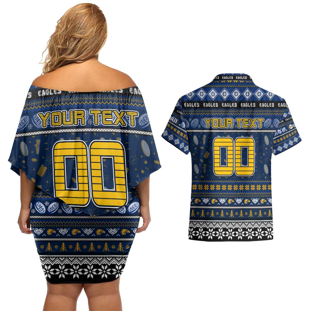 Personalized Eagles Rugby Xmas Couples Matching Off Shoulder Short Dress and Hawaiian Shirt Australia AFL Mascot