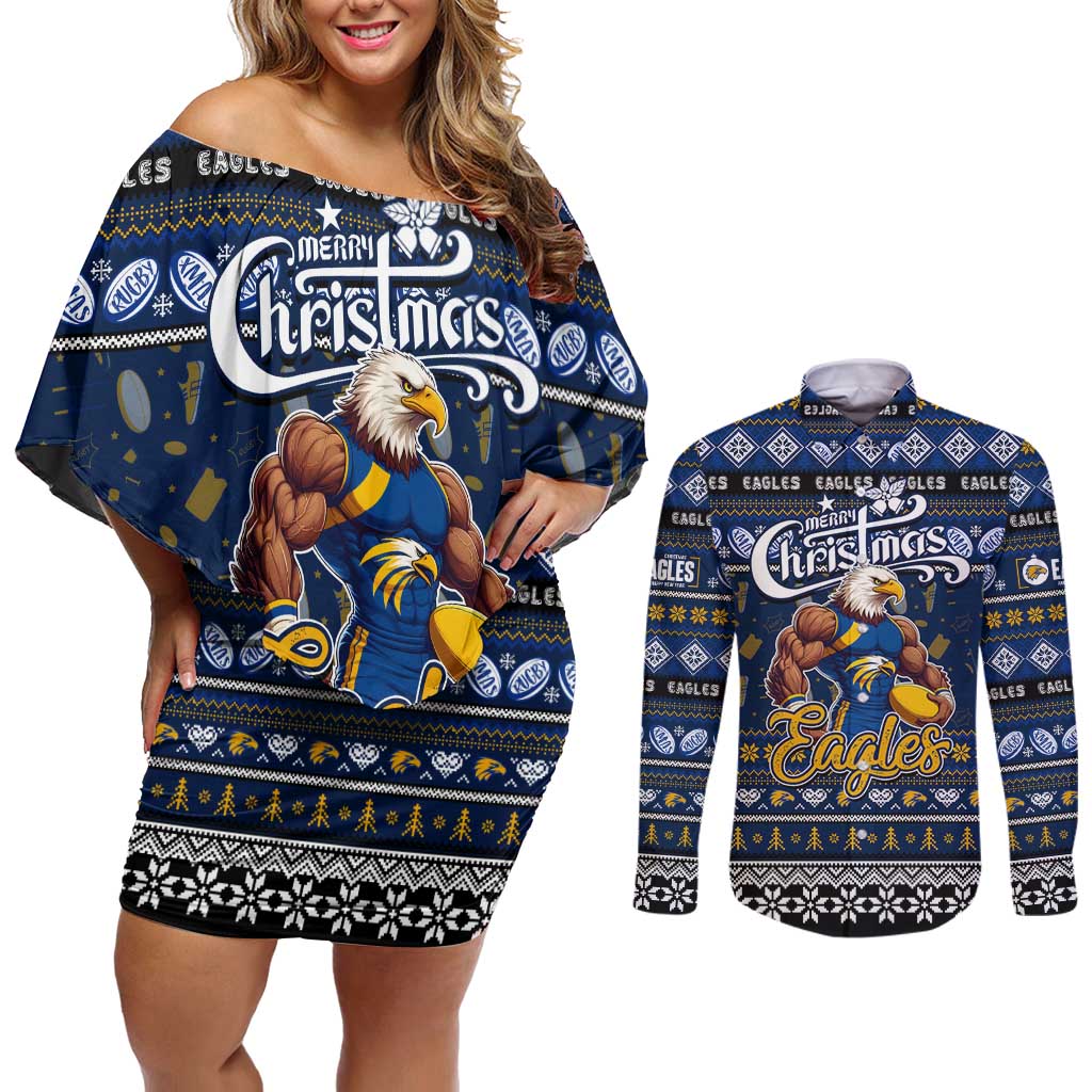 Personalized Eagles Rugby Xmas Couples Matching Off Shoulder Short Dress and Long Sleeve Button Shirt Australia AFL Mascot
