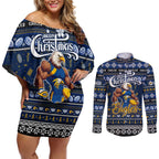 Personalized Eagles Rugby Xmas Couples Matching Off Shoulder Short Dress and Long Sleeve Button Shirt Australia AFL Mascot