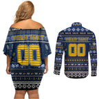 Personalized Eagles Rugby Xmas Couples Matching Off Shoulder Short Dress and Long Sleeve Button Shirt Australia AFL Mascot