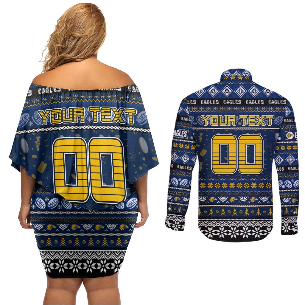 Personalized Eagles Rugby Xmas Couples Matching Off Shoulder Short Dress and Long Sleeve Button Shirt Australia AFL Mascot
