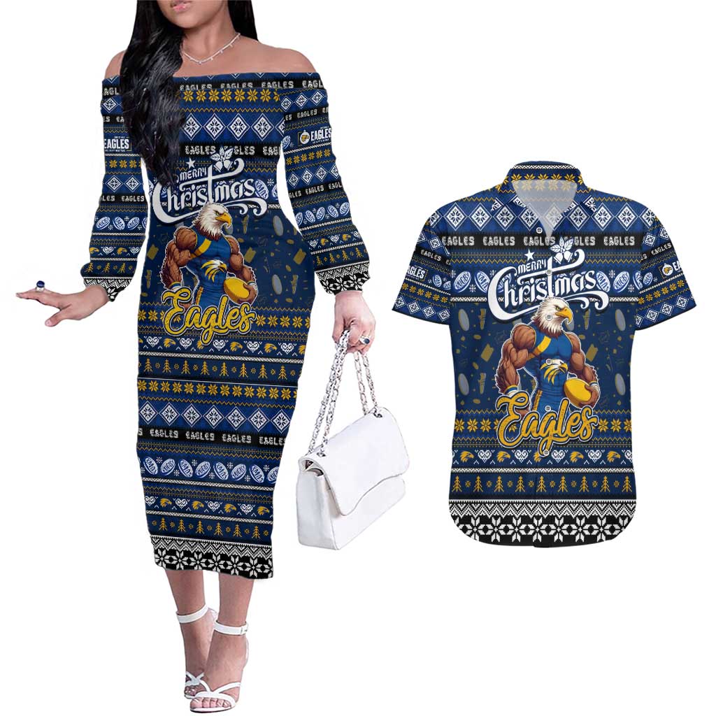 Personalized Eagles Rugby Xmas Couples Matching Off The Shoulder Long Sleeve Dress and Hawaiian Shirt Australia AFL Mascot