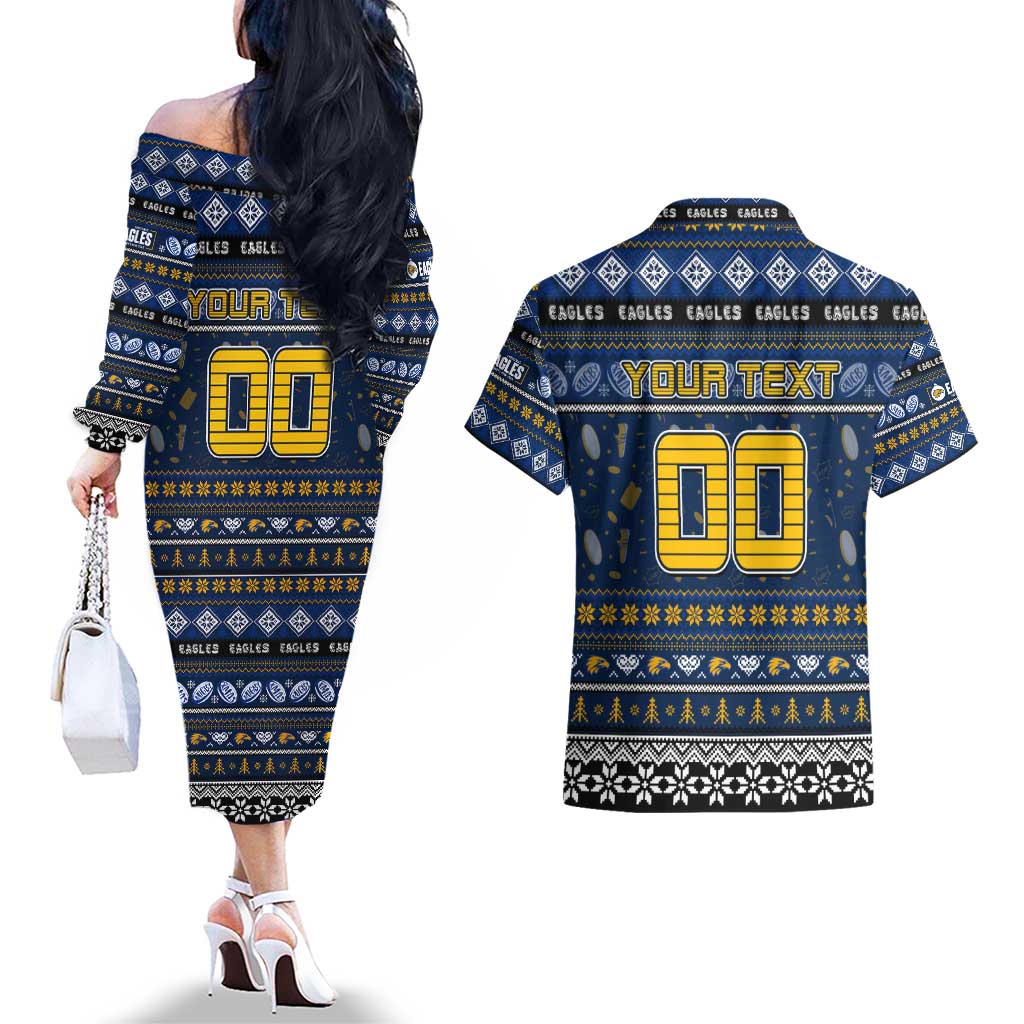 Personalized Eagles Rugby Xmas Couples Matching Off The Shoulder Long Sleeve Dress and Hawaiian Shirt Australia AFL Mascot