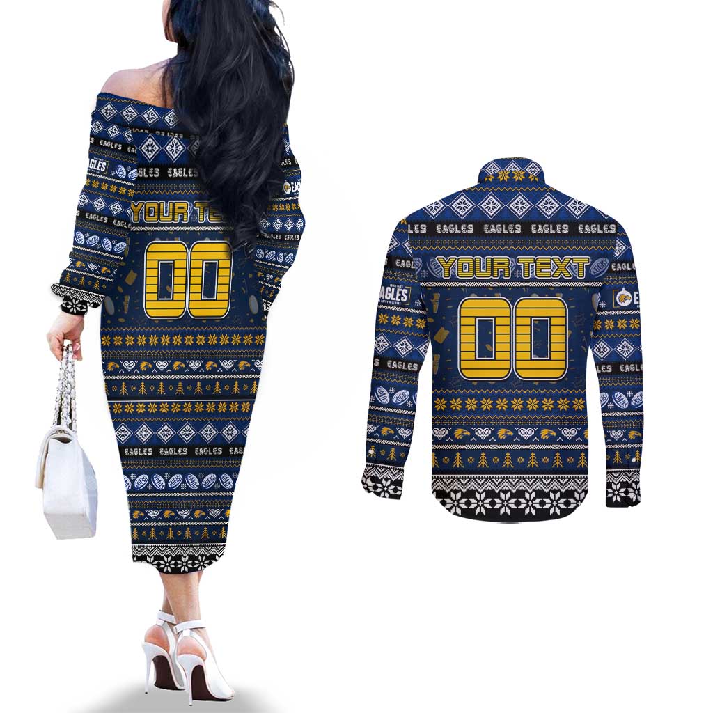 Personalized Eagles Rugby Xmas Couples Matching Off The Shoulder Long Sleeve Dress and Long Sleeve Button Shirt Australia AFL Mascot