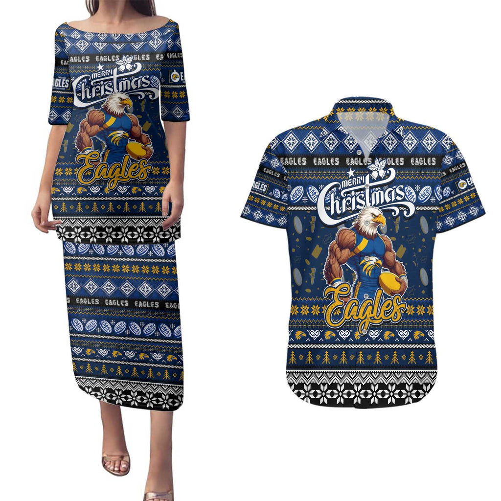 Personalized Eagles Rugby Xmas Couples Matching Puletasi and Hawaiian Shirt Australia AFL Mascot