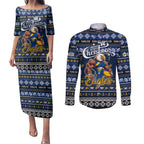 Personalized Eagles Rugby Xmas Couples Matching Puletasi and Long Sleeve Button Shirt Australia AFL Mascot