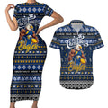 Personalized Eagles Rugby Xmas Couples Matching Short Sleeve Bodycon Dress and Hawaiian Shirt Australia AFL Mascot