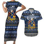 Personalized Eagles Rugby Xmas Couples Matching Short Sleeve Bodycon Dress and Hawaiian Shirt Australia AFL Mascot