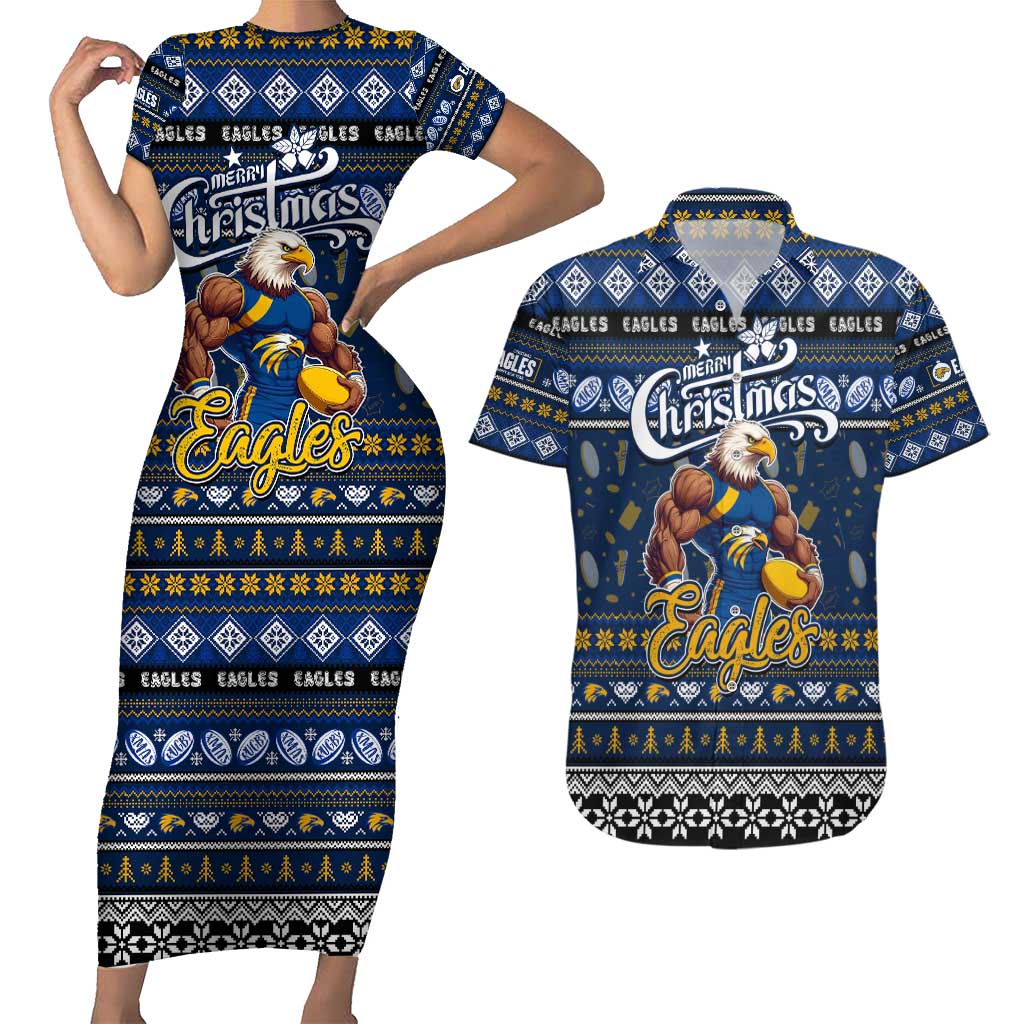 Personalized Eagles Rugby Xmas Couples Matching Short Sleeve Bodycon Dress and Hawaiian Shirt Australia AFL Mascot