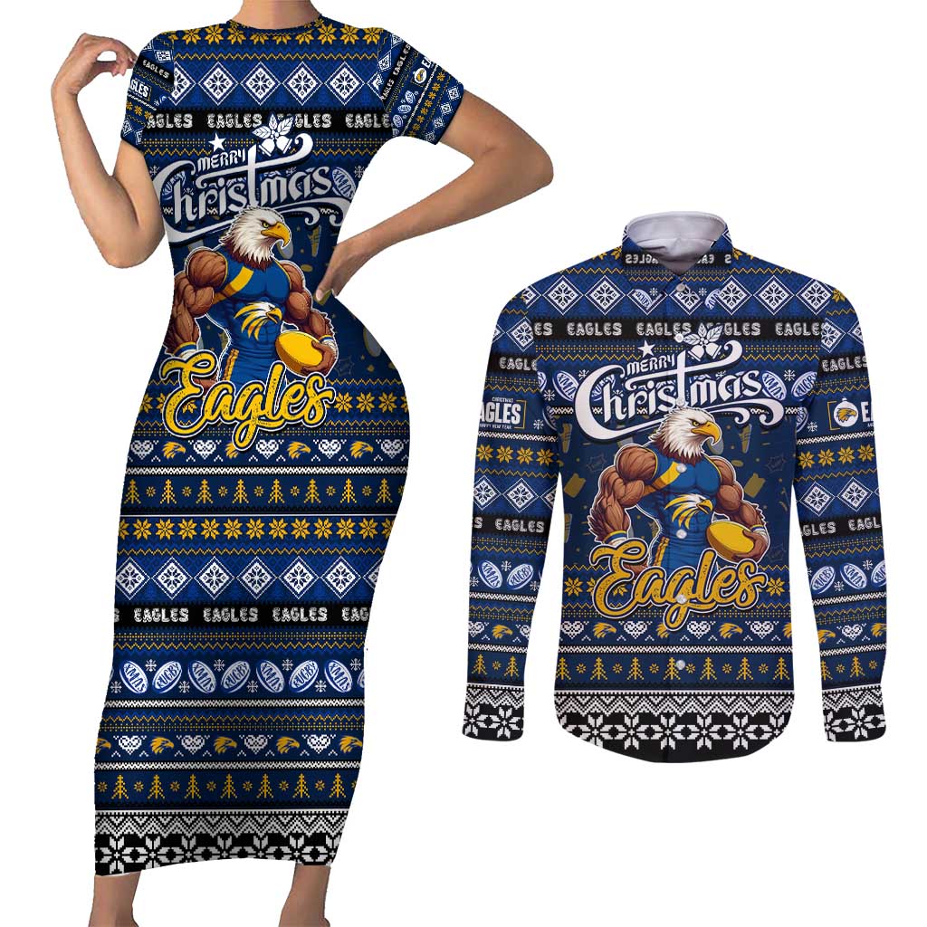 Personalized Eagles Rugby Xmas Couples Matching Short Sleeve Bodycon Dress and Long Sleeve Button Shirt Australia AFL Mascot