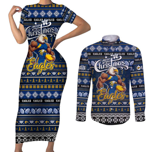 Personalized Eagles Rugby Xmas Couples Matching Short Sleeve Bodycon Dress and Long Sleeve Button Shirt Australia AFL Mascot
