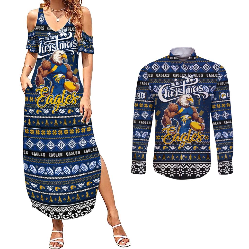 Personalized Eagles Rugby Xmas Couples Matching Summer Maxi Dress and Long Sleeve Button Shirt Australia AFL Mascot