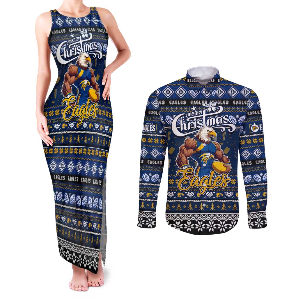 Personalized Eagles Rugby Xmas Couples Matching Tank Maxi Dress and Long Sleeve Button Shirt Australia AFL Mascot