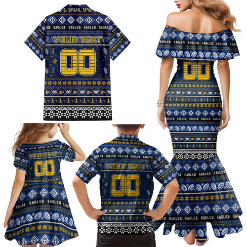 Personalized Eagles Rugby Xmas Family Matching Mermaid Dress and Hawaiian Shirt Australia AFL Mascot
