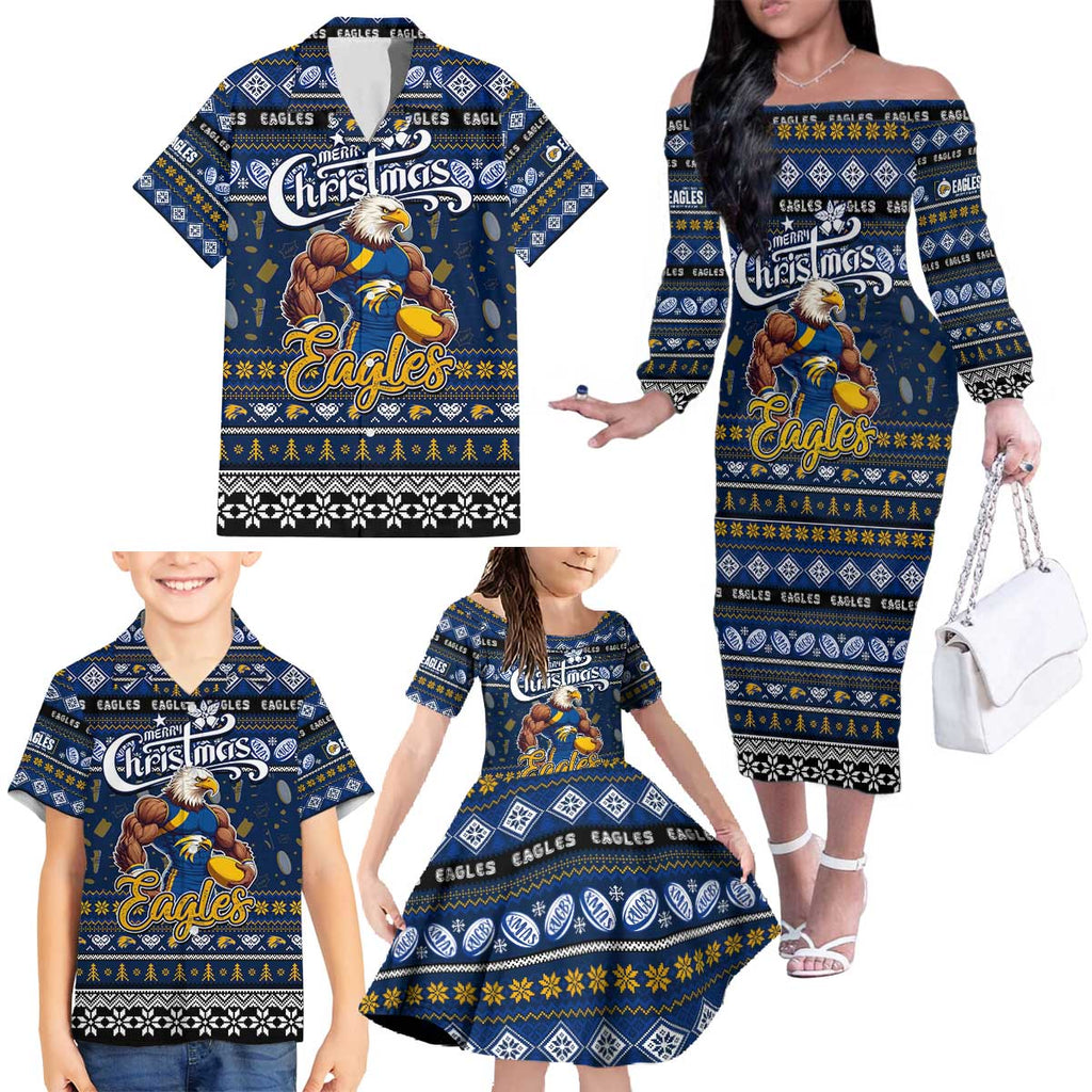 Personalized Eagles Rugby Xmas Family Matching Off The Shoulder Long Sleeve Dress and Hawaiian Shirt Australia AFL Mascot