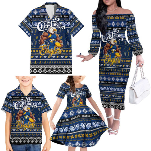Personalized Eagles Rugby Xmas Family Matching Off The Shoulder Long Sleeve Dress and Hawaiian Shirt Australia AFL Mascot