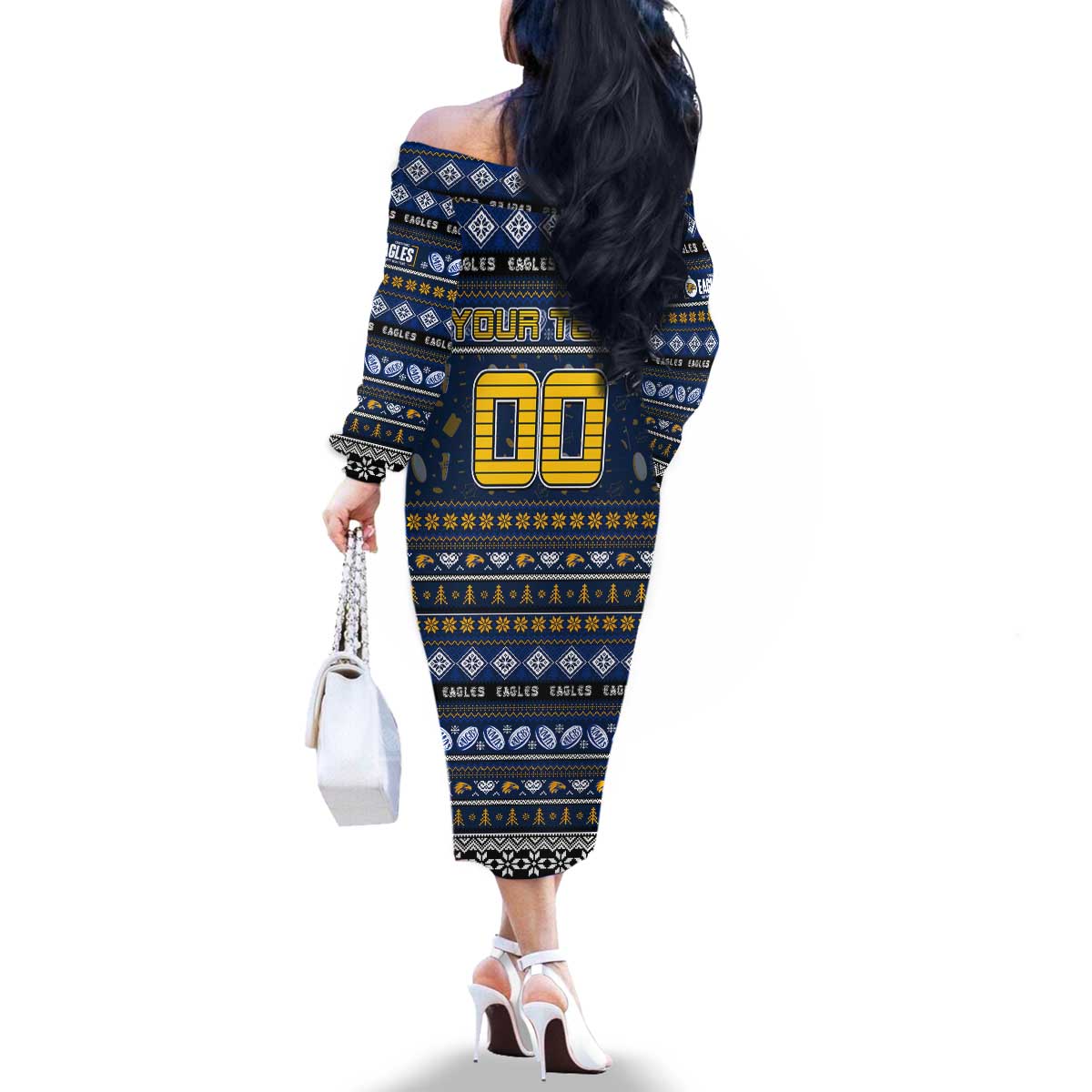Personalized Eagles Rugby Xmas Family Matching Off The Shoulder Long Sleeve Dress and Hawaiian Shirt Australia AFL Mascot