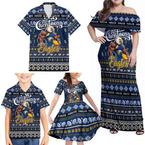 Personalized Eagles Rugby Xmas Family Matching Off Shoulder Maxi Dress and Hawaiian Shirt Australia AFL Mascot
