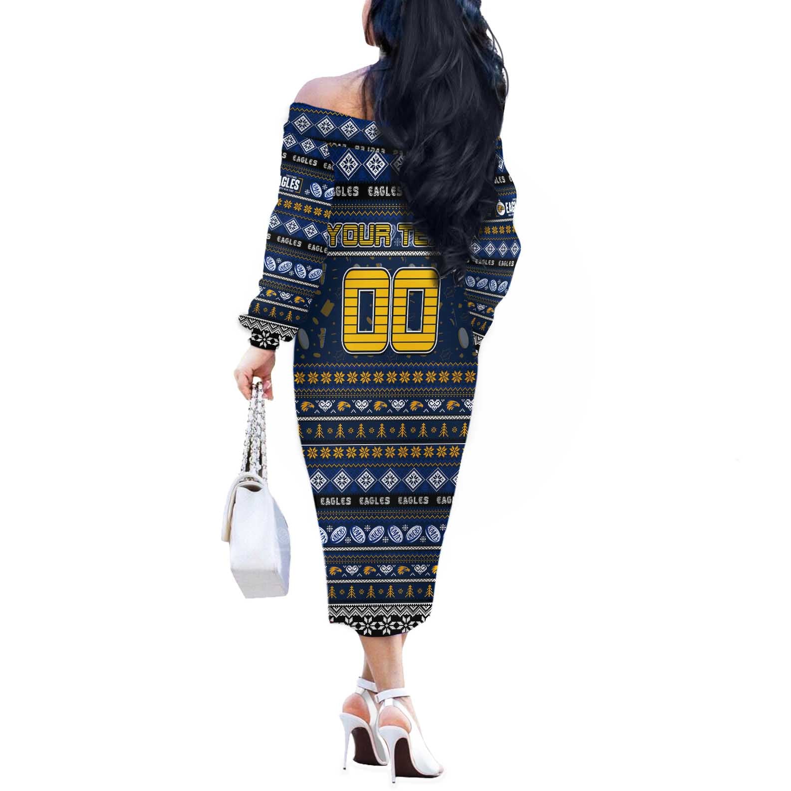 Personalized Eagles Rugby Xmas Off The Shoulder Long Sleeve Dress Australia AFL Mascot