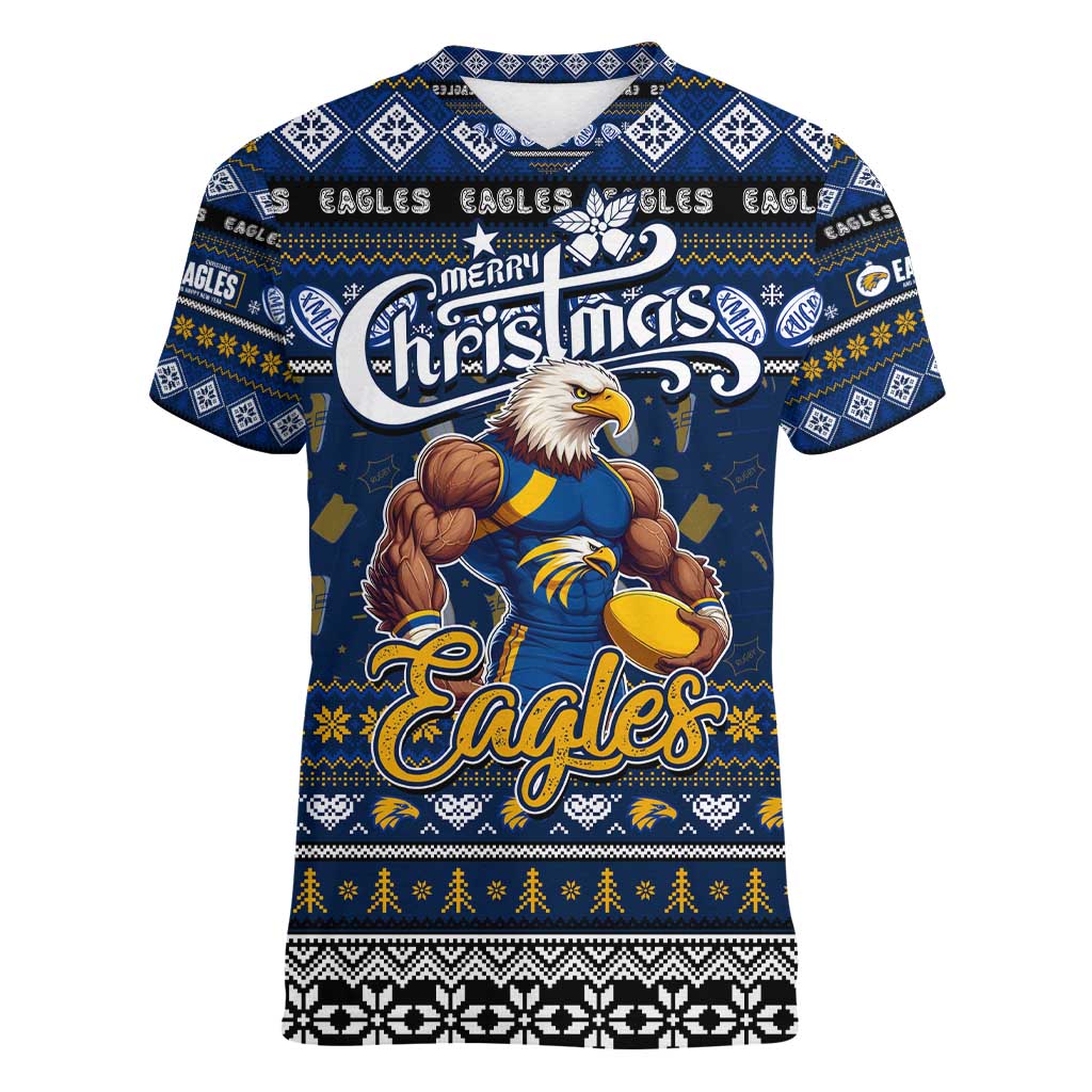 Personalized Eagles Rugby Xmas Women V-Neck T-Shirt Australia AFL Mascot