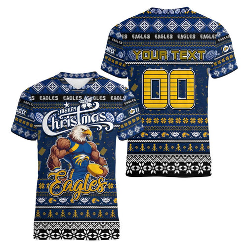 Personalized Eagles Rugby Xmas Women V-Neck T-Shirt Australia AFL Mascot