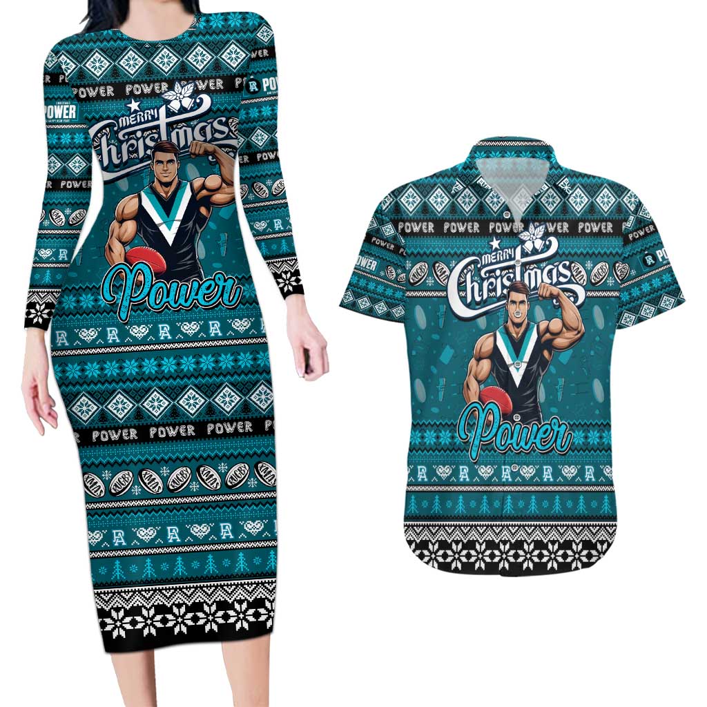 Personalized Power Rugby Xmas Couples Matching Long Sleeve Bodycon Dress and Hawaiian Shirt Australia AFL Mascot