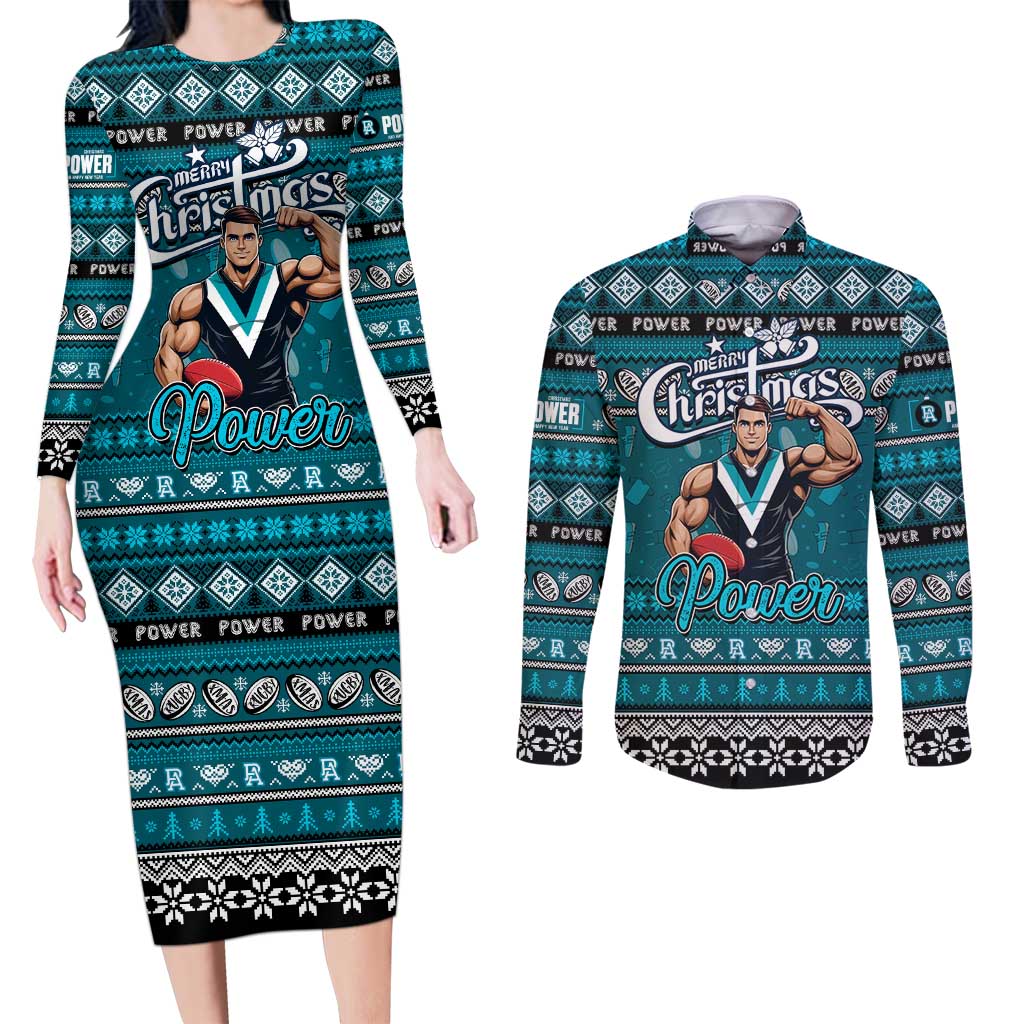 Personalized Power Rugby Xmas Couples Matching Long Sleeve Bodycon Dress and Long Sleeve Button Shirt Australia AFL Mascot