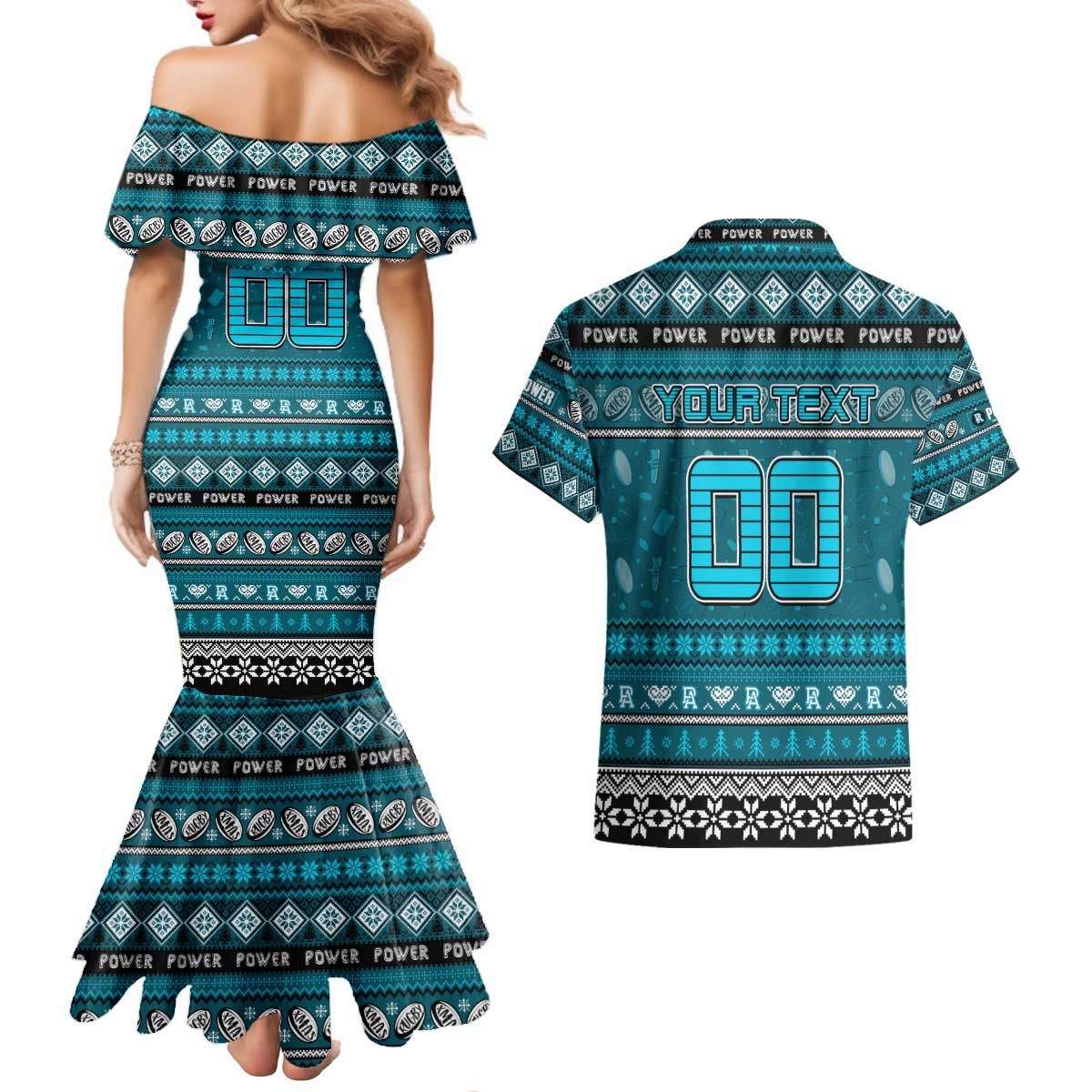 Personalized Power Rugby Xmas Couples Matching Mermaid Dress and Hawaiian Shirt Australia AFL Mascot