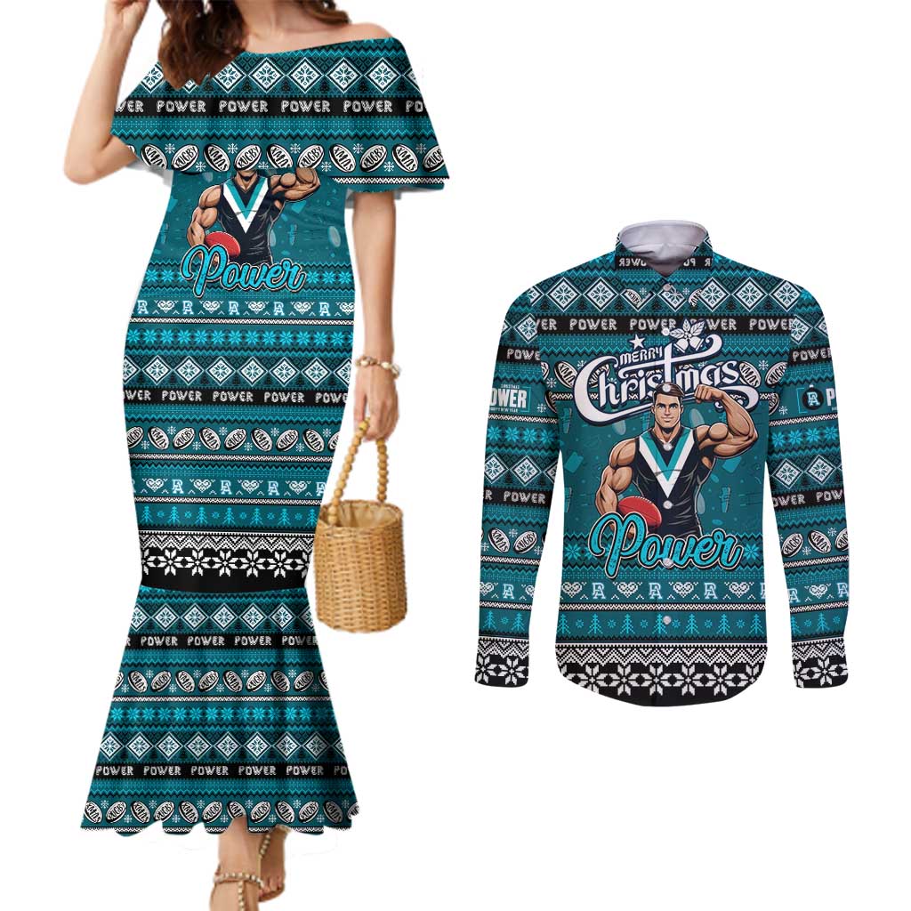 Personalized Power Rugby Xmas Couples Matching Mermaid Dress and Long Sleeve Button Shirt Australia AFL Mascot