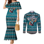 Personalized Power Rugby Xmas Couples Matching Mermaid Dress and Long Sleeve Button Shirt Australia AFL Mascot